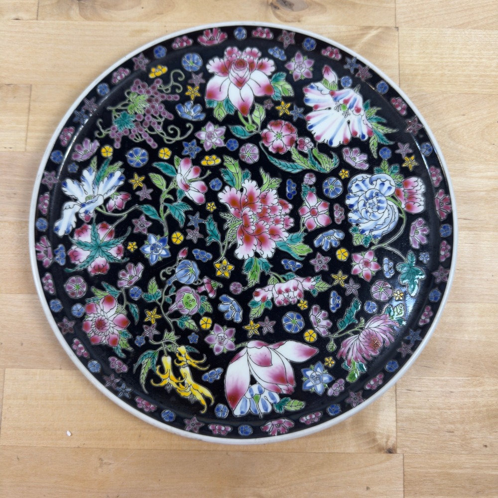 Vintage Chinese Famille Noire Millefleur Porcelain Decorative Plate Tray 10 Inch
